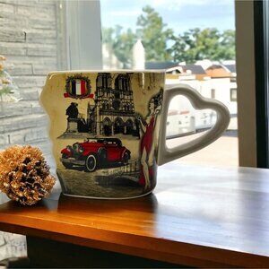Paris-Themed Ceramic Mug With Heart Handle Textured Design And Iconic Landmarks